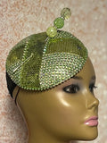Green Rhinestone Button Pillbox Fascinator Half Hat, Church Head Covering, Headwear, Tea Parties, Weddings and other Special Occasions