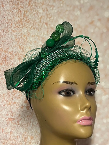 Green Rhinestone Bling Headband-Shaped Fascinator Half Hat for Church, Tea Parties, Weddings and other special occasions