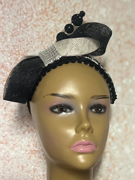 Black and White Houndstooth Tweed Headband Fascinator Half Hat for Church Head Covering, Tea Party, Wedding and Other Special Occasions