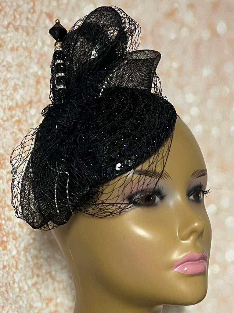 Black Sequin Lace Small Button Fascinator Half Hat for Church Head Covering, Weddings, Tea Parties and Other Special Occasions