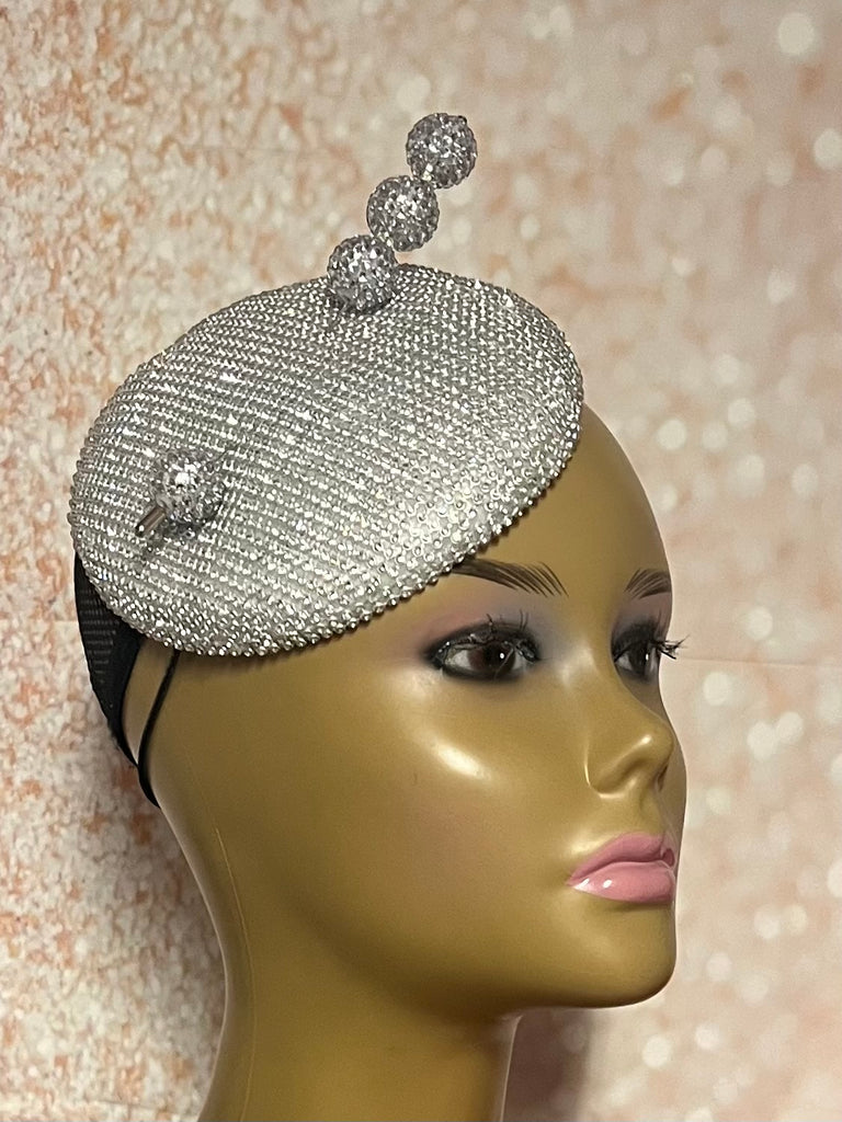 Rhinestone Silver Bling Button Cocktail Fascinator Half Hat for Church, Tea Parties, Weddings and other special occasions