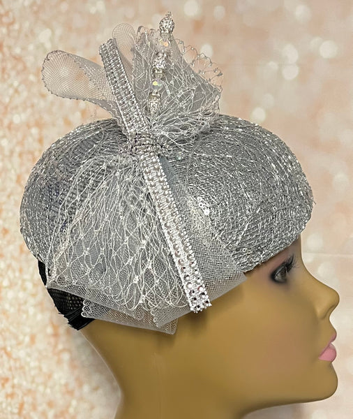Silver/Gray Rhinestone Crystal Bling Fascinator Hat for Church, Weddings, Tea Parties, and Other Special Occasions