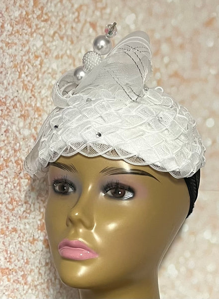 Beautiful White Fascinator Half Hat for Church Head Covering, Tea Parties and Other Special Occasions