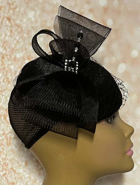 Black Satin Fascinator Half Hat for Church Head Covering, Tea Party, Wedding and Other Special Occasions