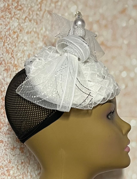 Beautiful White Fascinator Half Hat for Church Head Covering, Tea Parties and Other Special Occasions