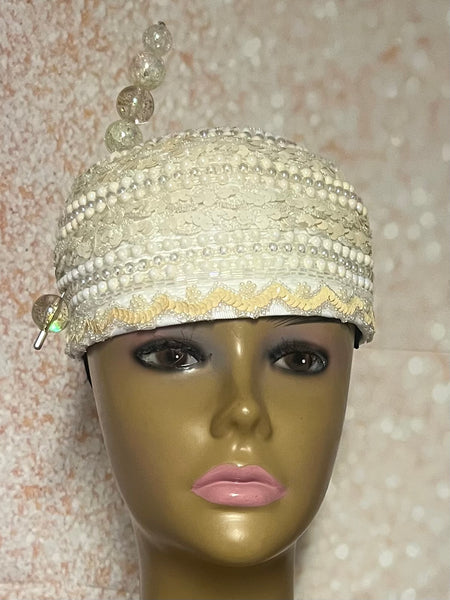 Cream Sequin Lace and Pearl Full Hat Fascinator for weddings, church, tea parties and special occasions