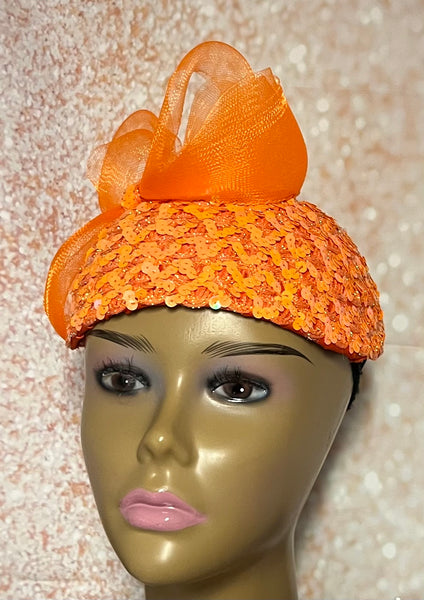 Orange Sequin Half Hat Fascinator for Church Head Covering, Wedding, Tea Party, Mother of the Bride, and Other Special Occasions