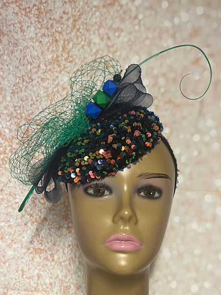 Green and navy sequins and Rhinestones hat for Church, Wedding, Mother of the Bride, Head Covering, Tea Parties and other special occasions