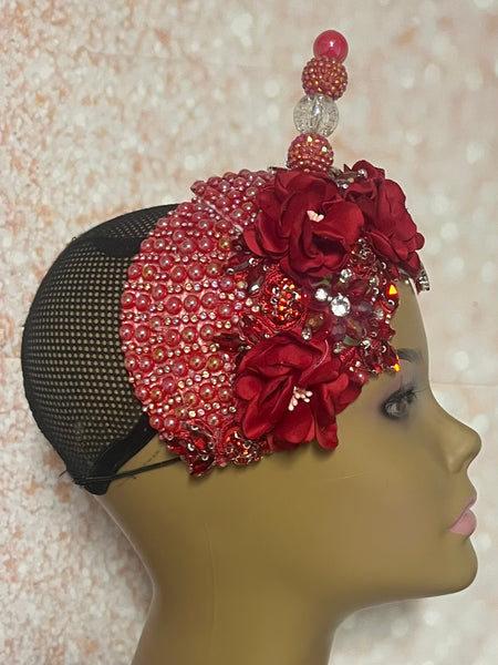 Red Flower Beaded Double Teardrop Fascinator Hat, Church and Special Occasion Headwear