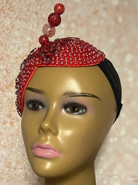 Red Beaded Double Teardrop Fascinator Hat, Church and Special Occasion Headwear