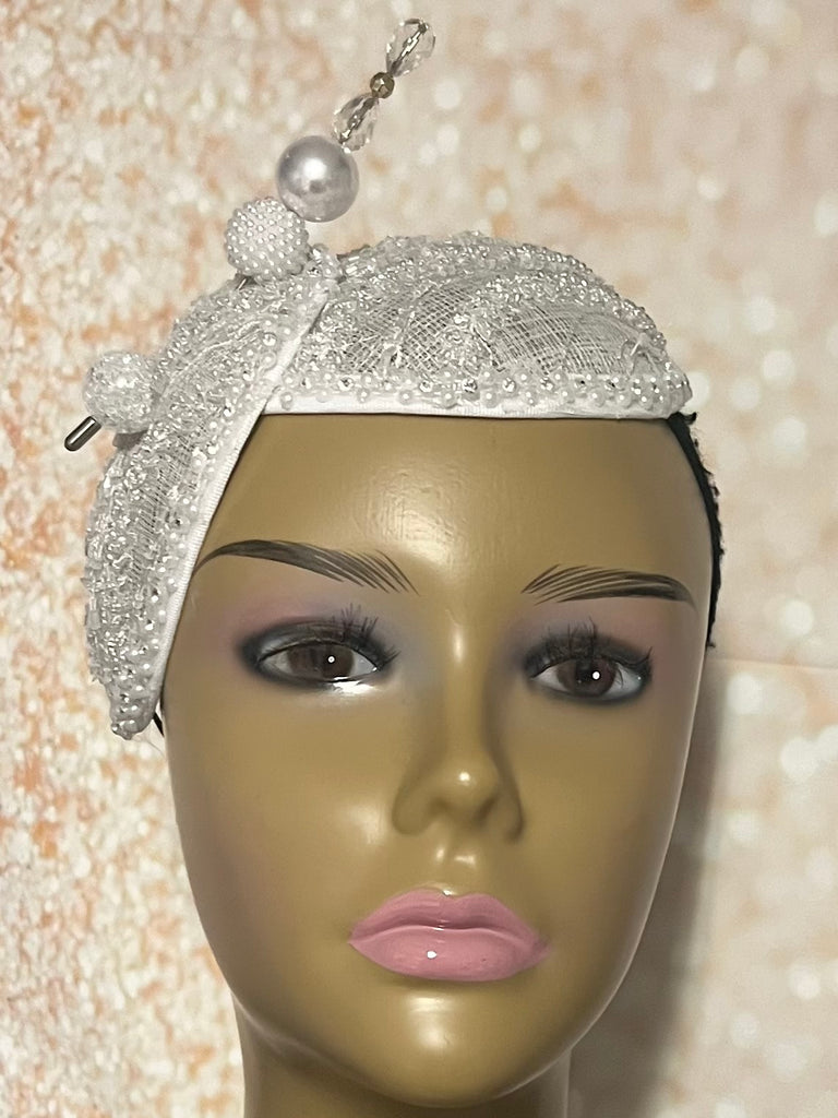 White Sinamay Bling Half Hat Fascinator for weddings, church, tea parties and special occasions