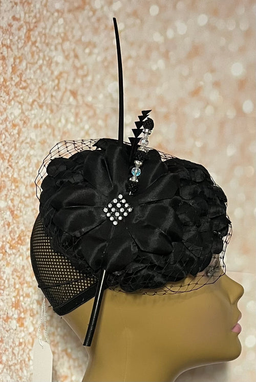 Black Flower Fascinator Half Hat, Weddings, Church, Tea Parties, and other Special Occasions