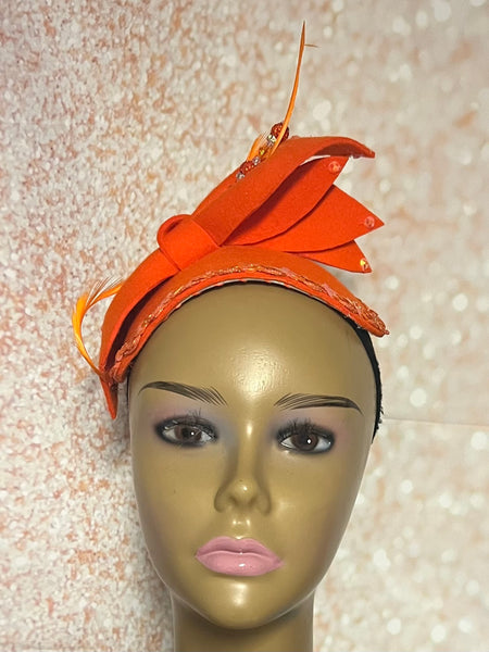 Orange and White Sinamay Half Hat Fascinator for Church Head Covering, Wedding, Tea Party, Mother of the Bride, and Other Special Occasions
