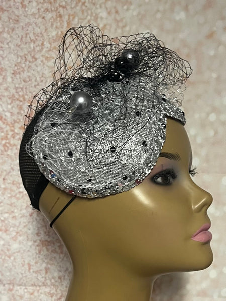 Silver Sinamay Mesh Bling Fascinator Half Hat for Church, Tea Parties, Weddings and other special occasions