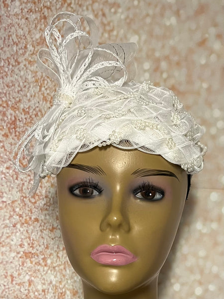 Beautiful White Lace Pearl Half Hat Fascinator for weddings, church, tea parties and special occasions