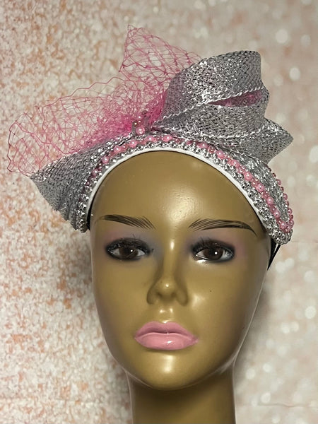 Pink and Silver Beaded Fascinator Half Hat, Church Head Covering