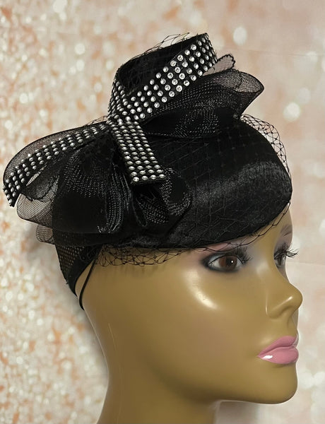 Black Small Satin Fascinator Half Hat for Church Head Covering, Tea Party, Wedding and Other Special Occasions