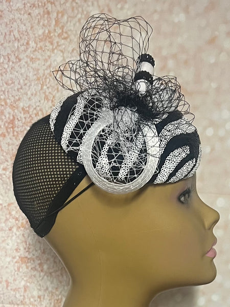 Black and White Zebra Striped Sequin Half Hat Fascinator for weddings, church and special occasions, Gift for Mom, Sister, Wife, Her