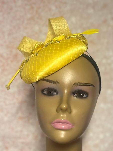 Yellow Satin Fascinator Half Hat, Church Head Covering, Headwear, Tea Parties, Weddings and other Special Occasions