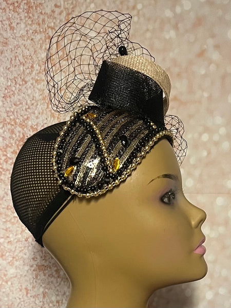 Black and Gold Beaded Sequin Headband-shaped Half Hat Fascinator for weddings, church and special occasions, Gift for Mom, Sister, Wife, Her