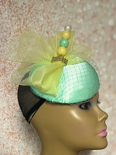 Mint Green and Yellow Button Pillbox Fascinator Half Hat, Church Head Covering, Headwear, Tea Parties, Weddings and other Special Occasions