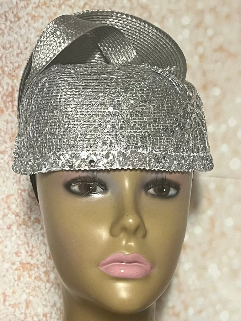 Silver Rhinestone Lace Bling Full Hat for Church Head Covering, Weddings, Tea Parties, Mother of the Bride and Other Special Occasions