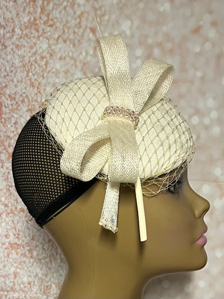Cream Button Fascinator Half Hat for Church Head Covering, Tea Party, Wedding and Other Special Occasions