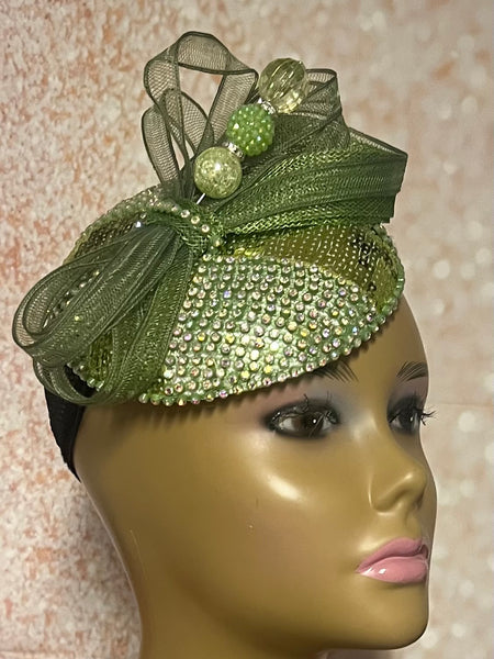 Green Rhinestone Button Pillbox Fascinator Half Hat, Church Head Covering, Headwear, Tea Parties, Weddings and other Special Occasions