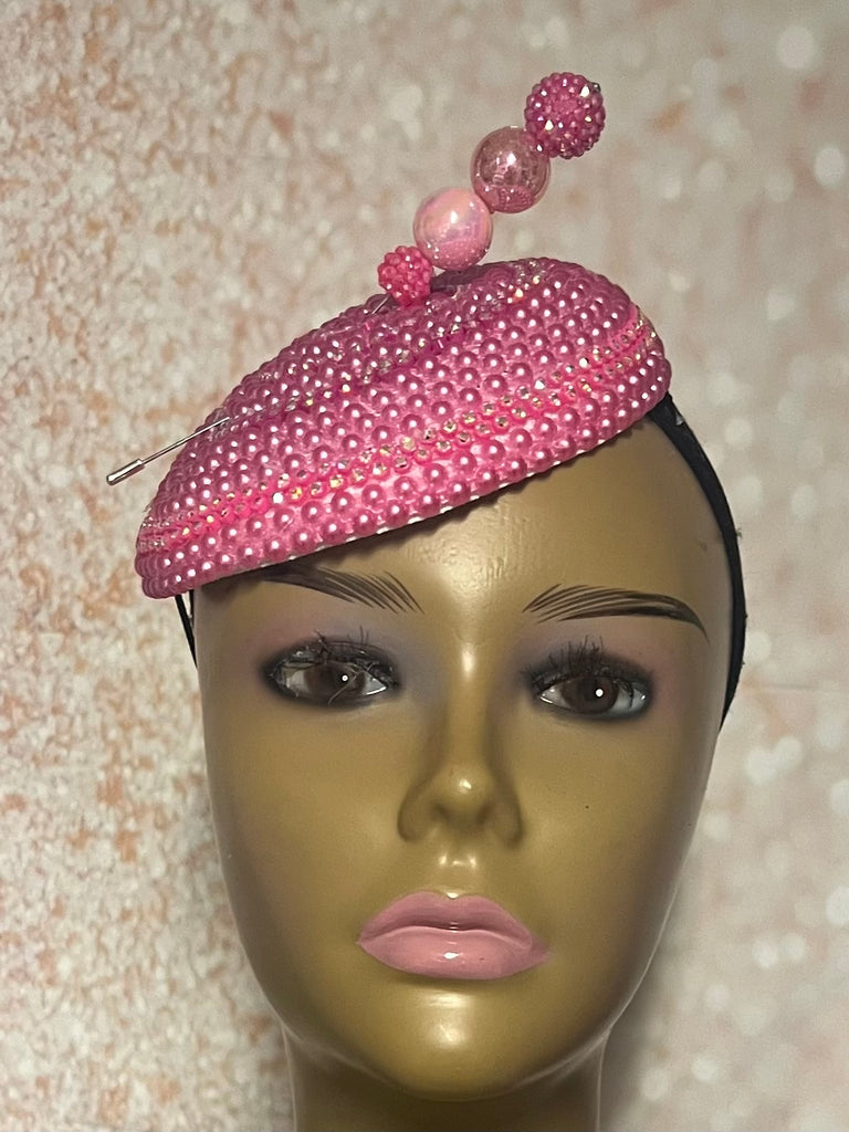 Fuchsia Pink Button Beaded Fascinator Half Hat for Church head covering, Tea Party, Wedding, and other Special Occasions