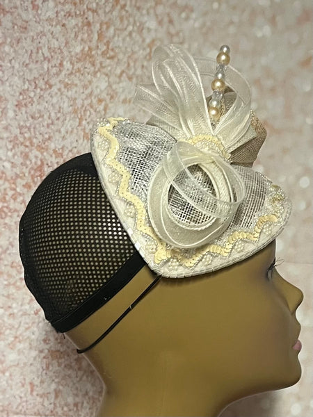 Cream/Off White Sequin Fascinator Half Hat, Church Head Covering, Tea Parties, Weddings