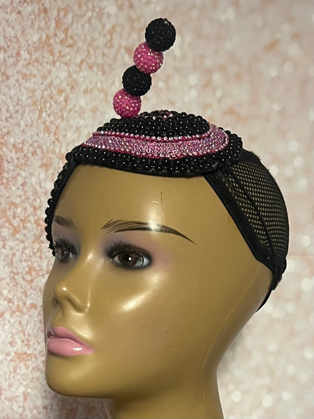 Pink and Black Beaded Rhinestone Double Cup Teardrop Beaded Fascinator