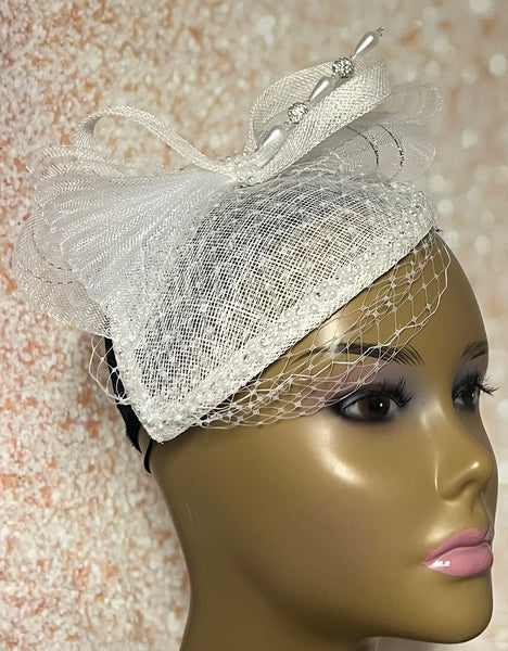White Sinamay Teardrop Fascinator Half Hat for Church, Weddings and other special occasions