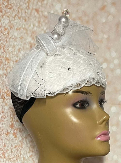 Beautiful White Fascinator Half Hat for Church Head Covering, Tea Parties and Other Special Occasions