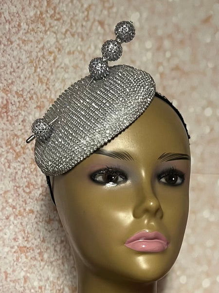 Rhinestone Silver Bling Button Cocktail Fascinator Half Hat for Church, Tea Parties, Weddings and other special occasions