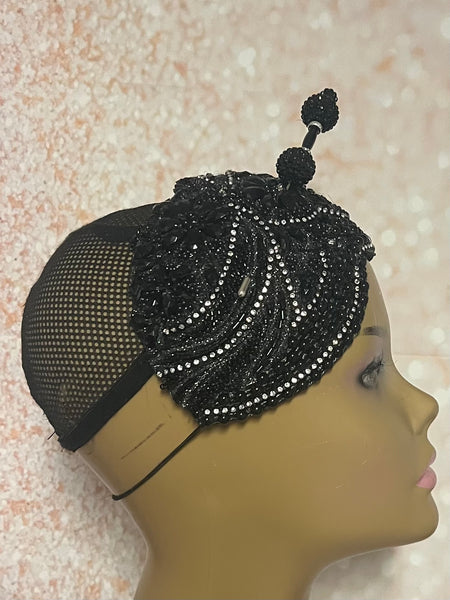 Black Double Cup Beaded Half Hat Fascinator for Church and Special Occasion