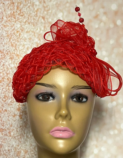 Beautiful Red Fascination Half Hat for Church, Tea Party, Weddings and Special Occasions