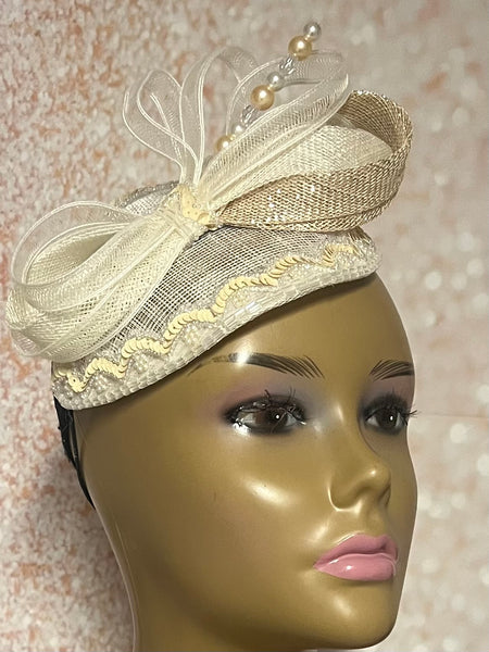 Cream/Off White Sequin Fascinator Half Hat, Church Head Covering, Tea Parties, Weddings
