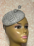 Silver Beaded Button Cocktail Fascinator Half Hat for Church, Tea Parties, Weddings and other special occasions