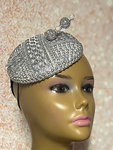 Silver Beaded Button Cocktail Fascinator Half Hat for Church, Tea Parties, Weddings and other special occasions