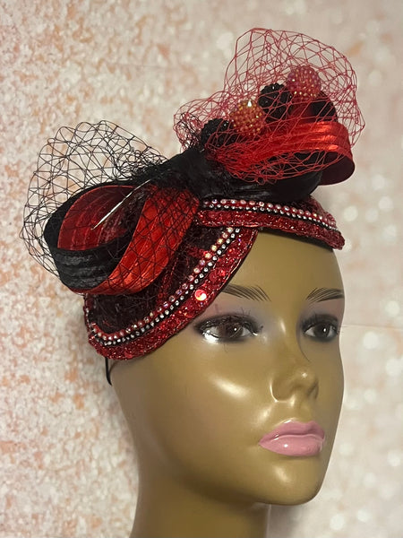 Red Black Double Cup Half Hat Fascinator for weddings, church and special occasions, Gift for Mom, Sister, Wife, Her