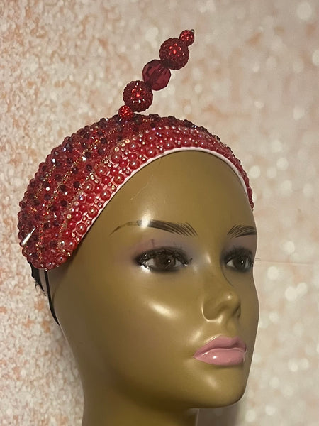 Red Beaded Crystal Fascinator Headband Half Hat, Church and Special Occasion Headpiece