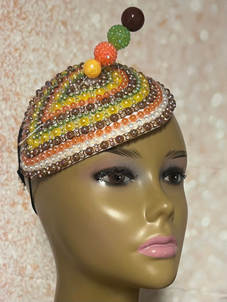 Earth Tone Multicolor Beaded Rhinestone Teardrop Fascinator, Handmade Church Headwear, and Special Occasions