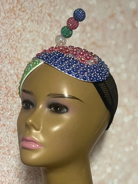 Blue Pink Green Multicolor Beaded Double Cup Fascinator, Handmade Church Headwear and Special Occasions