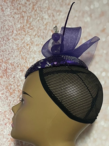 Purple Sequins and Rhinestones Half hat for Church, Wedding, Mother of the Bride, Head Covering, Tea Parties and other special occasions