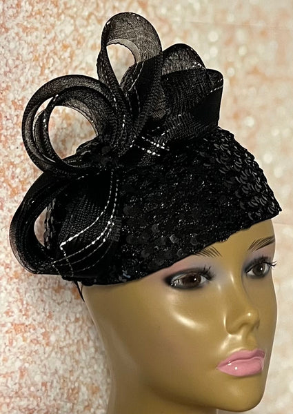 Black Sequin Half Hat for Church Head Covering, Mother of the Bride, Tea Party and other Special Occasions
