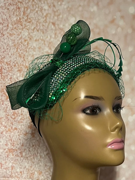 Green Rhinestone Bling Headband-Shaped Fascinator Half Hat for Church, Tea Parties, Weddings and other special occasions