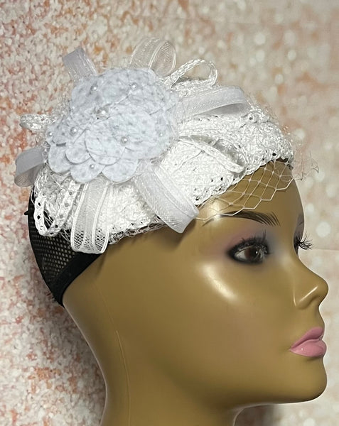 White Felt Flower Half Hat for Church Head Covering, Weddings, Tea Parties and Special Occasions