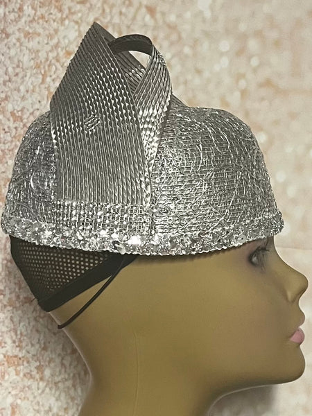 Silver Rhinestone Lace Bling Full Hat for Church Head Covering, Weddings, Tea Parties, Mother of the Bride and Other Special Occasions