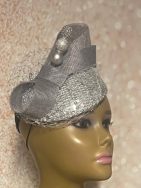 Silver Sequin Circle Button Shiny Bling Fascinator Half Hat for Church, Tea Parties, Weddings and other special occasions
