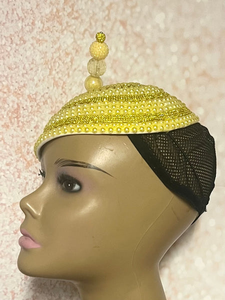 Yellow Beaded Rhinestone Fascinator Half Hat, for Church and Special Occasion